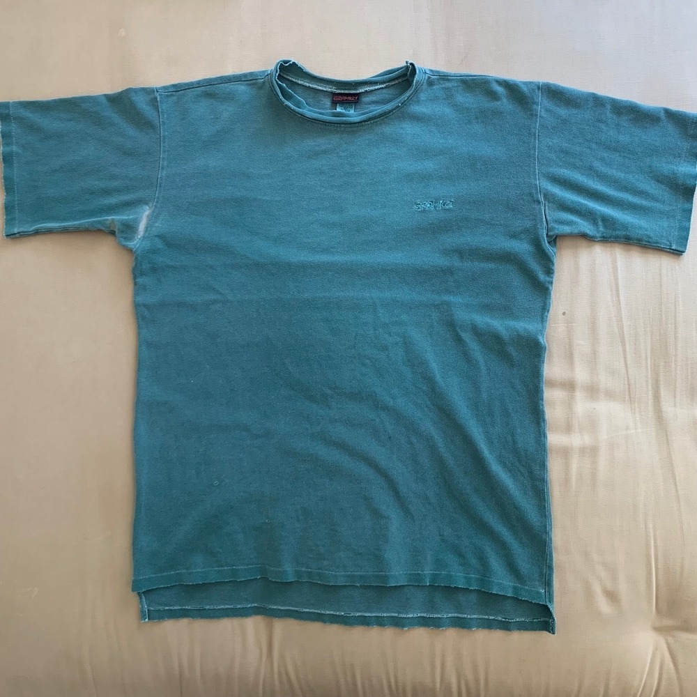 VTG Gramicci T-Shirt Mens Large Teal USA Distressed Holes Stains Worn Gorpcore